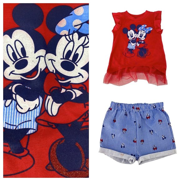 Girls DISNEY JUNIOR Mickey & Minnie 2 Piece Flutter Tulle Top and Shorts Set 3T - Picture 1 of 15